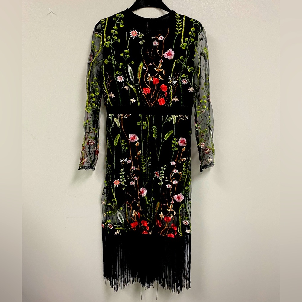 Black midi dress with rich floral embroidery